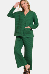 Zenana Quilted Button Up Long Sleeve Top and Pants Lounge Set Dark Green OutfitFlow